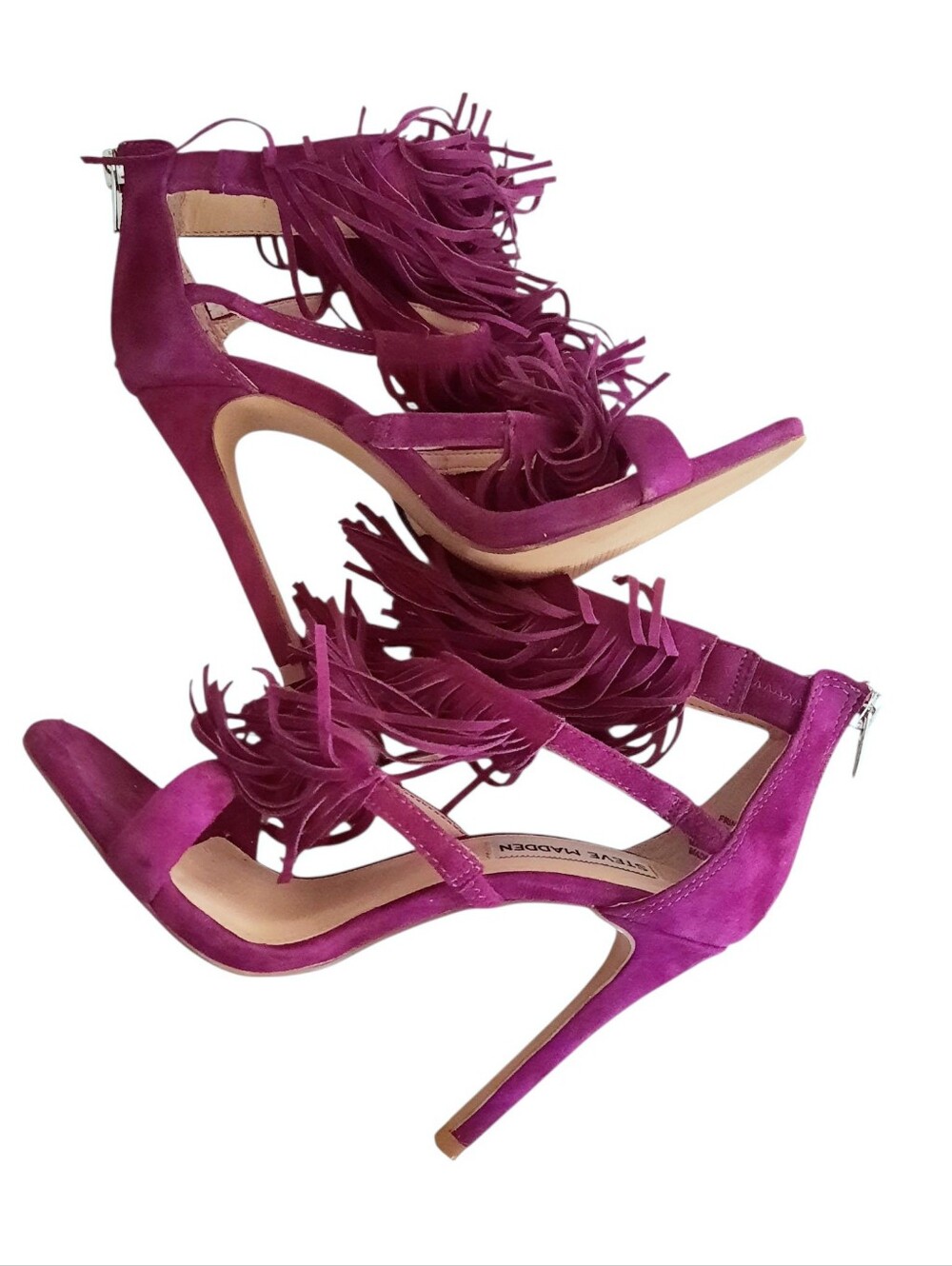 STEVE MADDEN Fringly Magenta Suede Fringe Stiletto Strappy Sandals Sz 5.5M